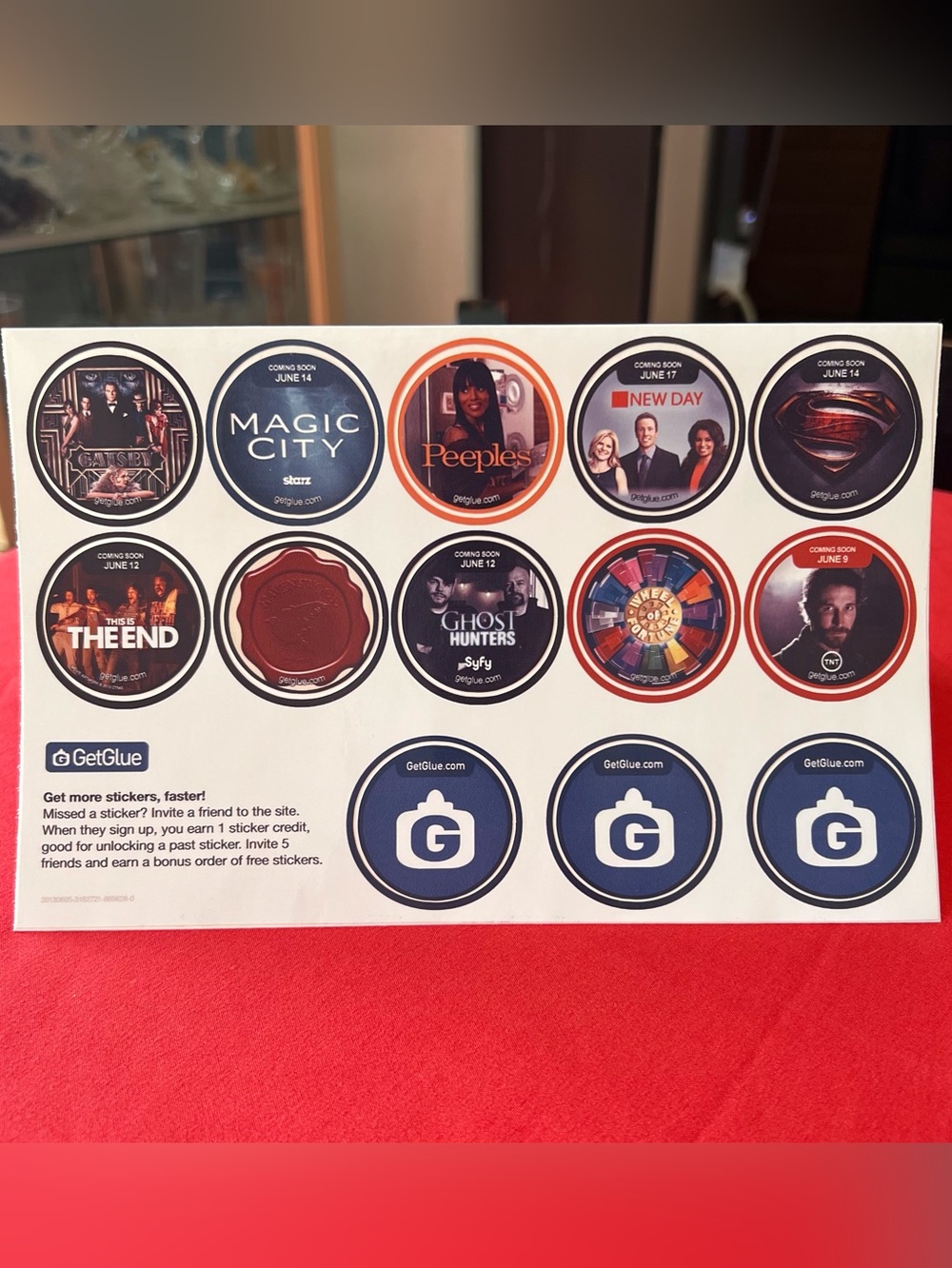 Rare GetGlue Promo Sticker Sheet Movie TV Show Gatsby Superman Snoop Hangover 3
